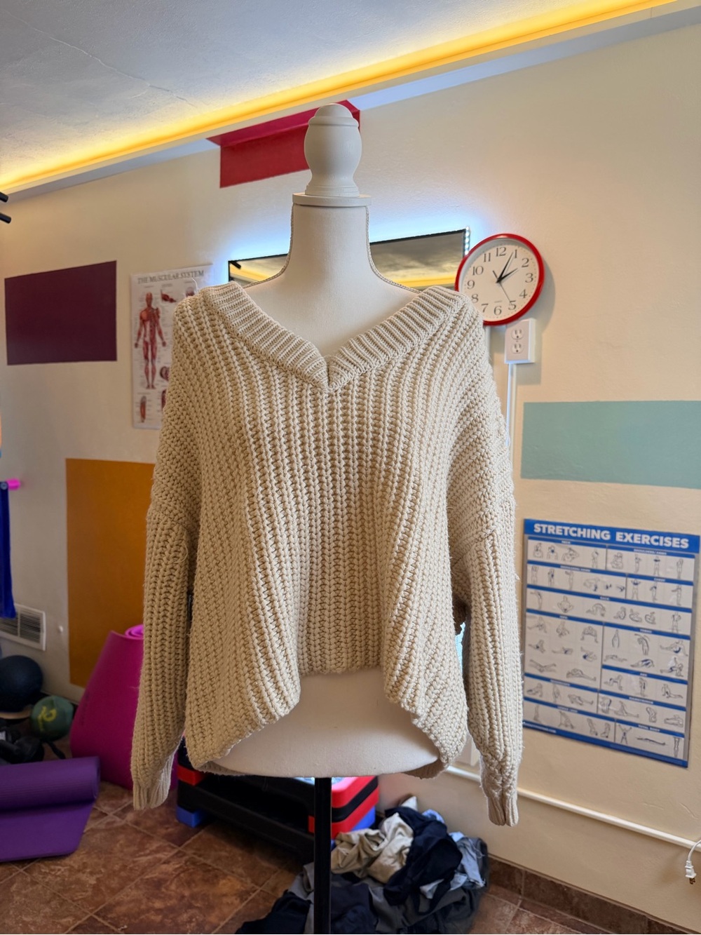 Topshop Cream V-Neck Chunky Ribbed Sweater